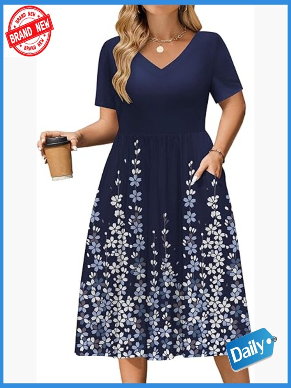 Plus Size Midi Dress with Pockets A-Line V-Neck Short Sleeve Sundress
